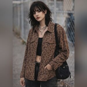 Vintage Tantrums Womens Shacket Grunge Large Washed Brown Zip 90s Indie Eyelet